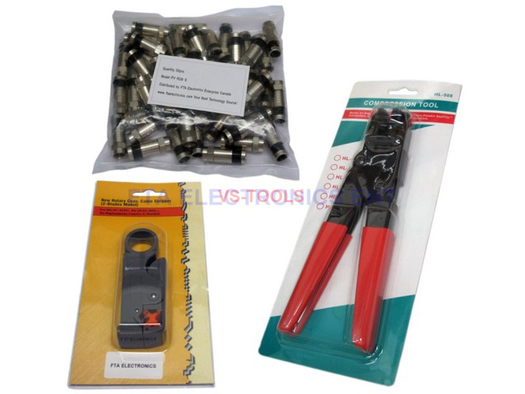 50pcs TV RG6 RG-6 Compression Connectors /& Pro Tool with Cable Wire Stripper Kit