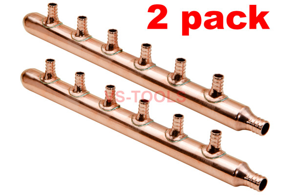 2 Pack 3/4in Inlet 1/2in PEX Water Outlet 6 Ports Closed End Manifold