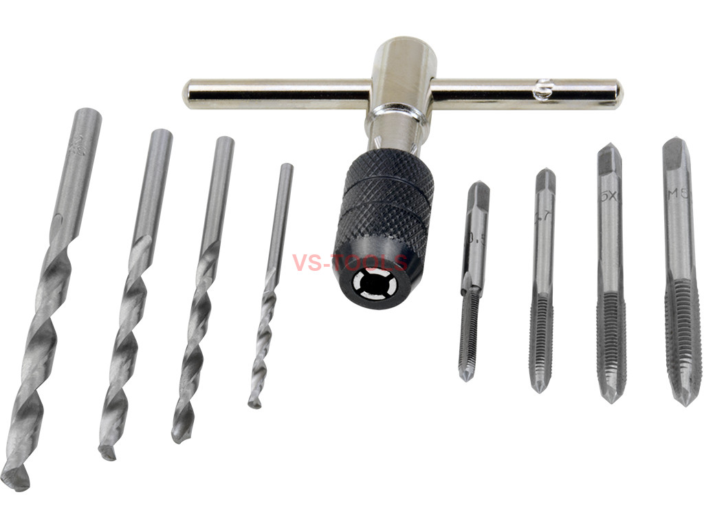 9pc Hand Tap Set Screw Thread Repair Taps T-Wrench Reamer M3-M6 Twist Drill Bits 