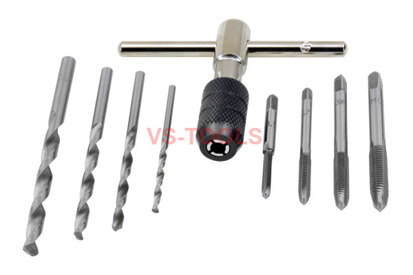 9Pcs Hand Tap Set Screw Thread Taps T-Wrench Reamer M3-M6 Twist Drill