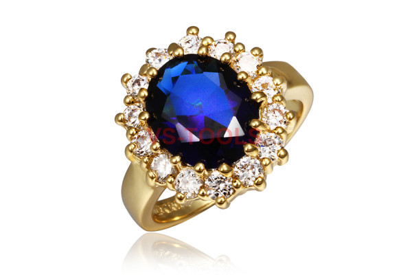 Size 8 Brass 18K Yellow Gold Plated Blue Zircon Crystal Lady Ring