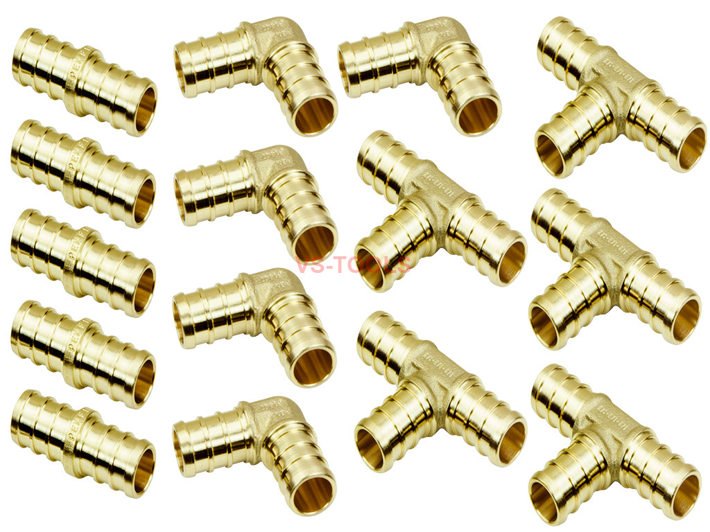 15Pc 1/2inch PEX Straight 90 Degree Elbow Tee Brass Pipe Hose