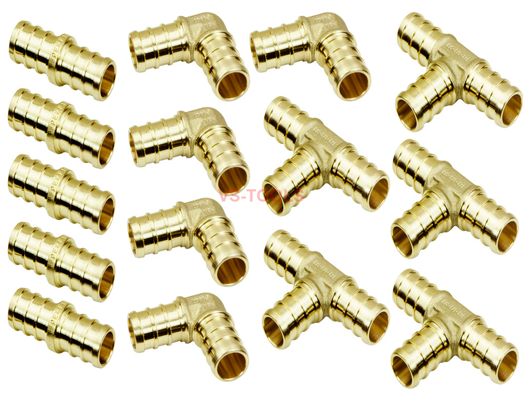15Pc 1/2inch PEX Straight 90 Degree Elbow Tee Brass Pipe
