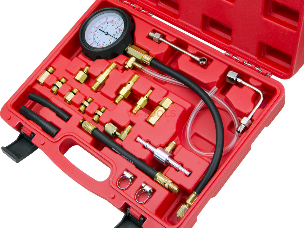 XGao 0-140 PSI Fuel Pump Pressure Tester Kit 20 Pieces car Injection Gauge Set Car Tools with Red Case for Gasoline-Driven Car Truck RV SUV ATV 