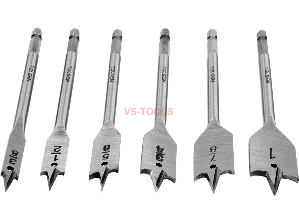6 PIECE SPADE DRILL BIT SET FLAT WOOD BORING BITS 3/8 - 1 INCHES