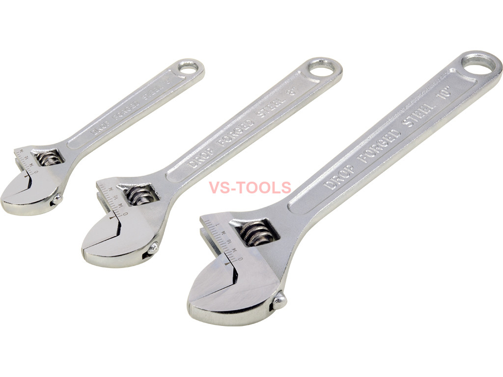 Kosma 3 Piece Adjustable Wrench Set 6, 8, 10 250mm with Free Micrometer 0-10mm 200mm Chrome Finish 150mm