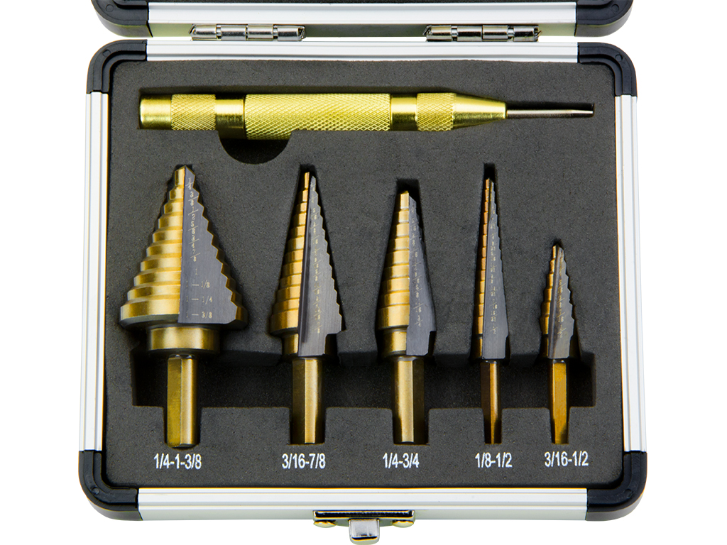 Unibit Drill Bits Set for Sheet Metal with Aluminum Case CO-Z HSS 5PCS Titanium Spiral Grooved Step Drill Bit Set with Automatic Center Punch Multiple Hole Stepped up Bits for DIY Lovers 